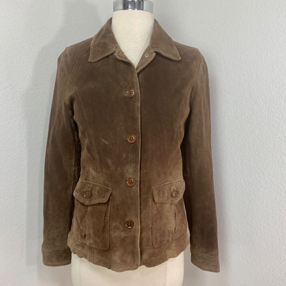 Vintage Eddie Bauer Seattle Suede Brown Jacket SM Washable Button Front Pocket - Picture 2 of 16